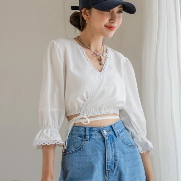 SHEIN Tops - DAZY Shein Lace Trim Crop Wrap White Blouse Casual Summer Top Small